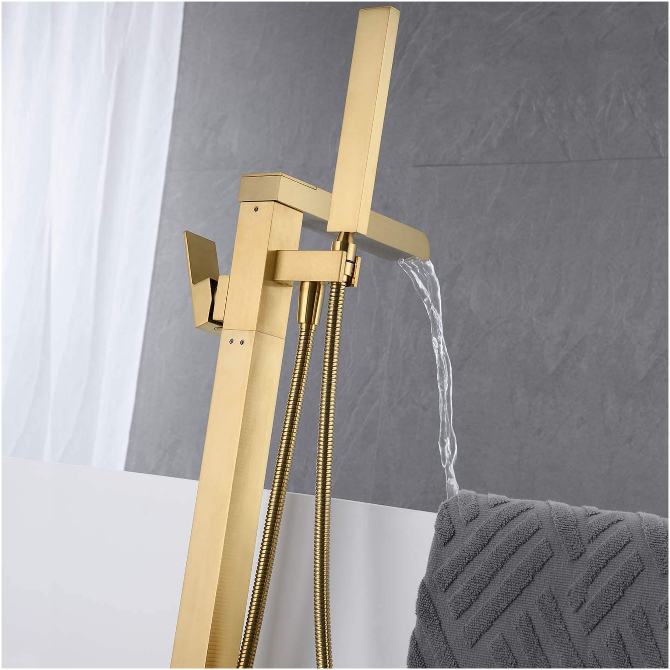 JERFIT 37" Brushed Gold Floor Mounted Tub Filler with Handheld Shower, Waterfall Spout Freestanding Bathtub Faucet