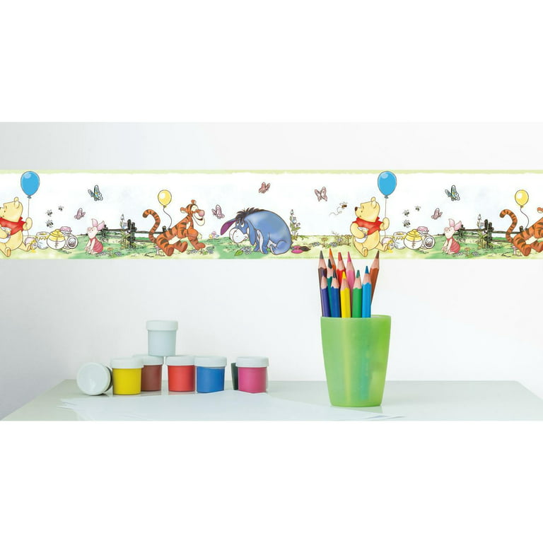 CONCORD WALLCOVERINGS ™ Wallpaper Border Disney Pooh Pattern Rainbow Friends  for Kids Bedroom, Colors Blue White Yellow Red Purple Green Pink, Size 7  Inches by 15 Feet 7057293 