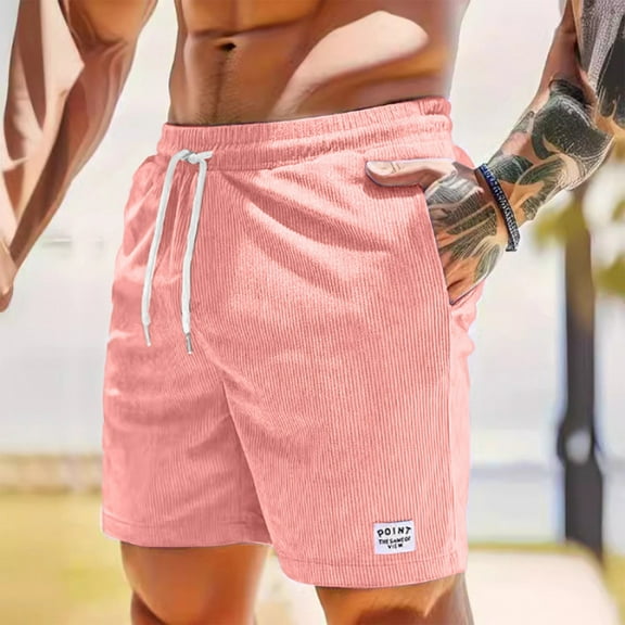 Homozy Mens Pink Shorts with Pockets Elastic Waist Drawstring Shorts Casual Drawstring Summer Beach Shorts