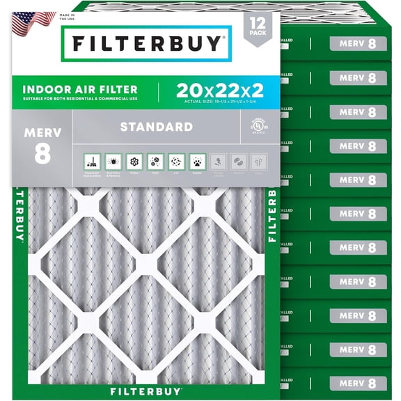 Filterbuy 20x22x2 Air Filter MERV 8 Dust Defense, Pleated HVAC AC Furnace Filter Replacement, 12-Pack