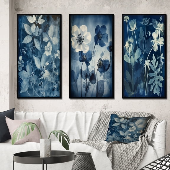 Designart "Vintage Botanicals Faded Blue Wildflowers II" Abstract Botanicals Framed Wall Art Set Of 3 - Blue Modern Frame Gallery Set For Office Decor