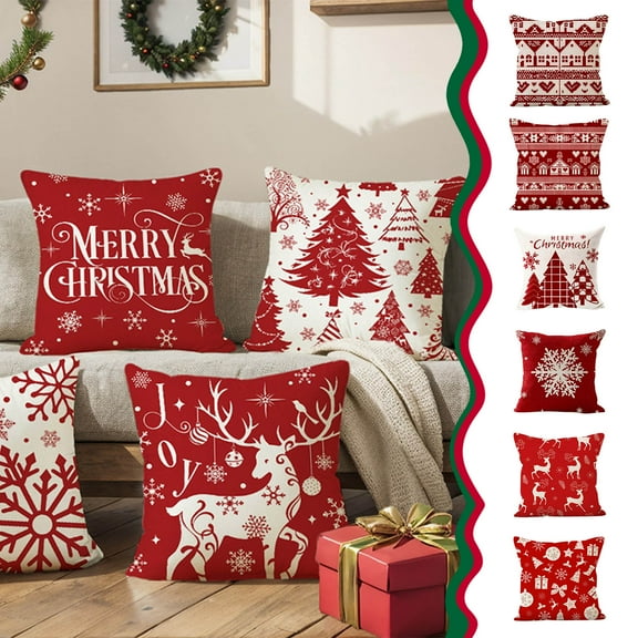 Djunllk Christmas Pillow Covers 18x18, Soft Plush Snowflake Tree Print Christmas Pillow Covers for Christmas Thanksgiving Holiday Decor Car Bed Sofa, Red Pillow Covers