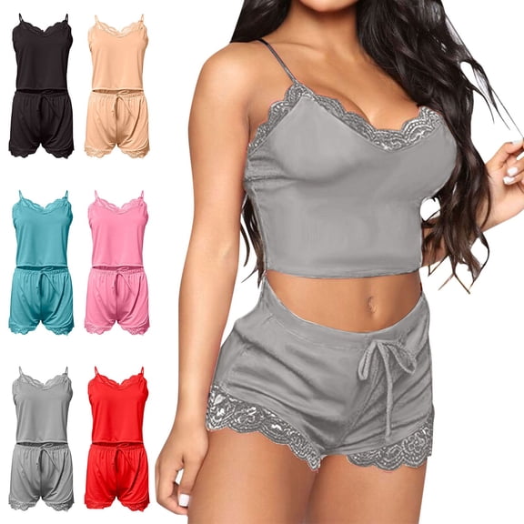 WHEANG Womens Pajamas Lace Trim Cami Pajama Set Adjustable Spaghetti Strap Tank Top & Elastic Shorts for Women Skin-Friendly Soft Sleepwear Lounge Pajama Sets Size XL Red 2026 Sales Under $5