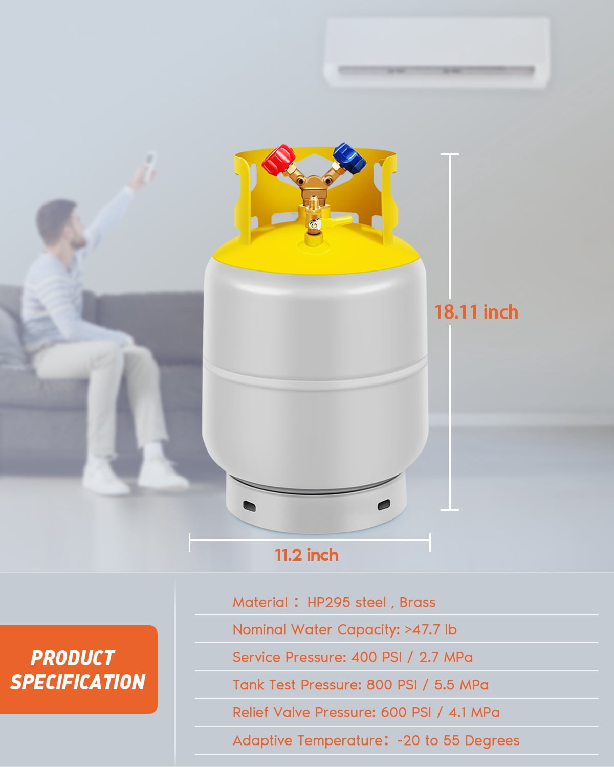 50 LB Capacity Refrigerant Tank With Double Valve Collar Design Reusable Save Valve And Collar Design Reusable 14 Inch SAE Y Valve Gray Yellow
