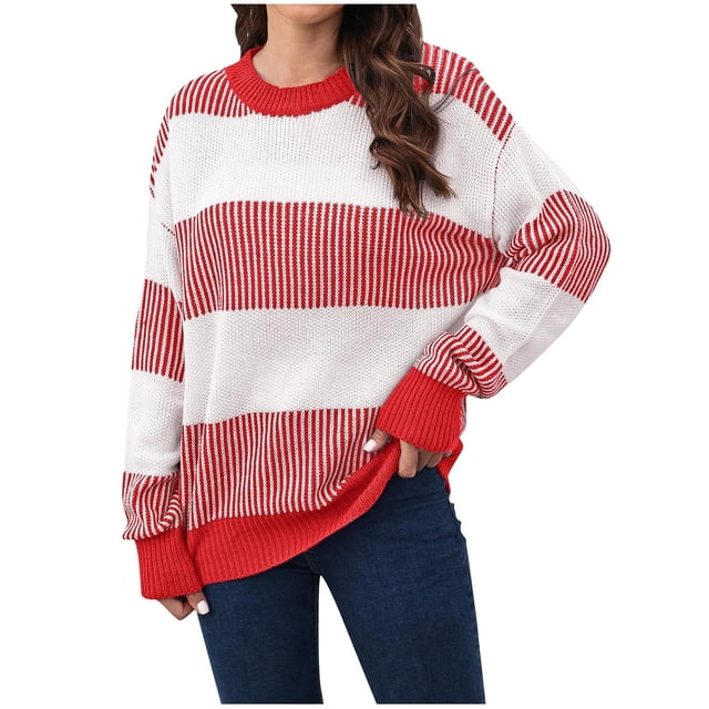 Knitted Tops Women Sweaters for Women Fall Color Block Stripe Long Sleeve Ribbed Knit Sweater Loose Crew Neck Soft Pullover Winter Clothes S-34 Red-a M