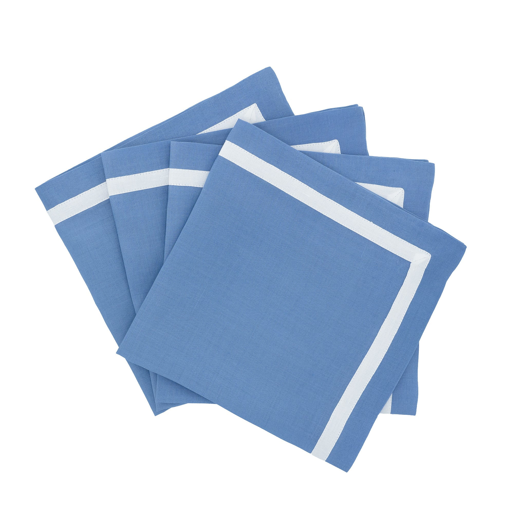 Blue Linen Napkins With White Borders, Set of 4
