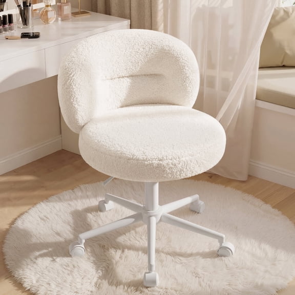 Romorgniz Small Round Vanity Chair with Wheels Height Adjustable Desk Chair Armless Home Office Chair, White
