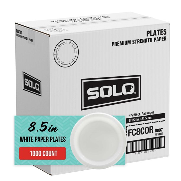 Solo Paper Plates, 8.5" White Premium, Case of 4packs of 250ct (1000ct