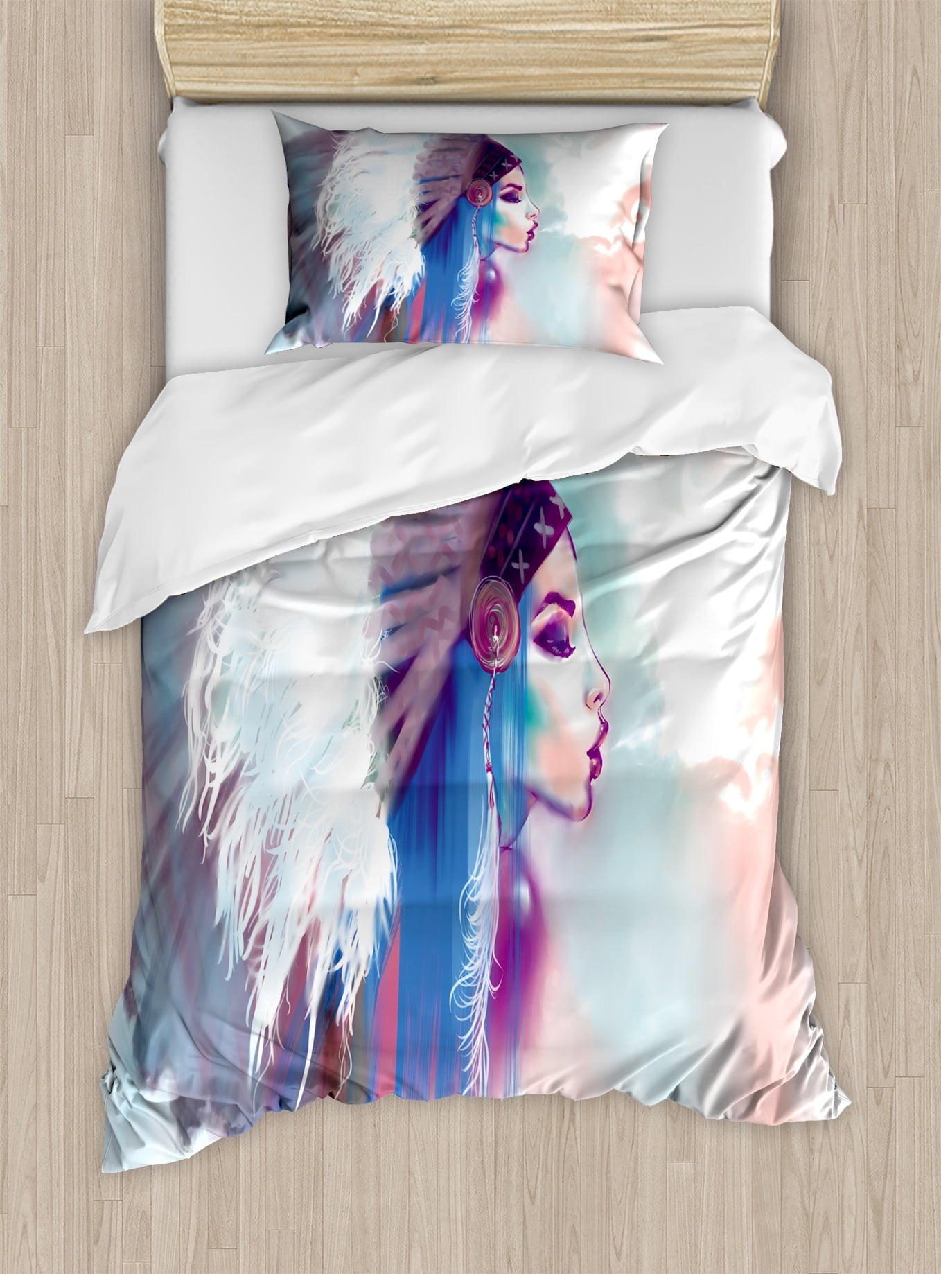 Native American Duvet Cover Set Girl Smoking Pipe With Traditional Native American Duvet Cover Set Girl Smoking Pipe With Traditional Clothes Abstract Watercolor Background Decorative Bedding Pillow Shams