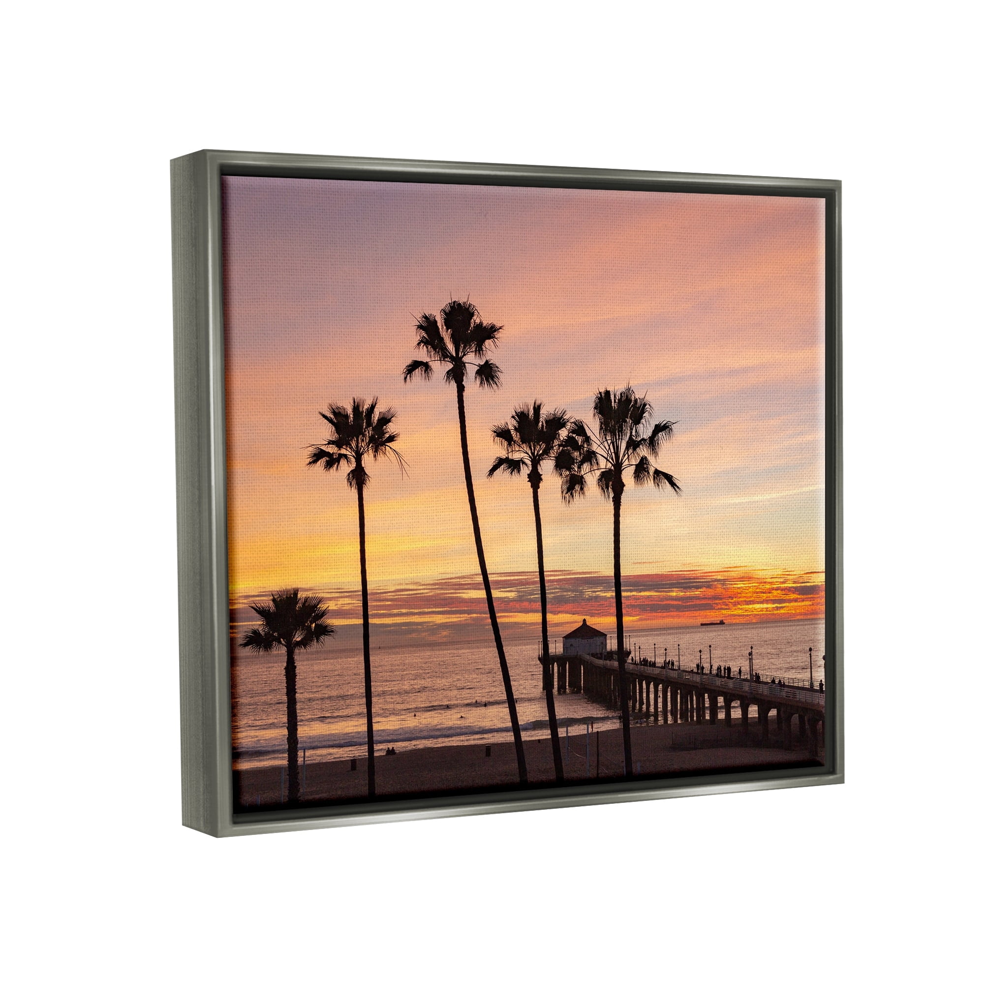 Stupell Industries Tropical Palm Tree Sunset Summer Pier Docks Photograph Luster Gray Floating Framed Canvas Print Wall Art, Design by Jeff Poe Photography