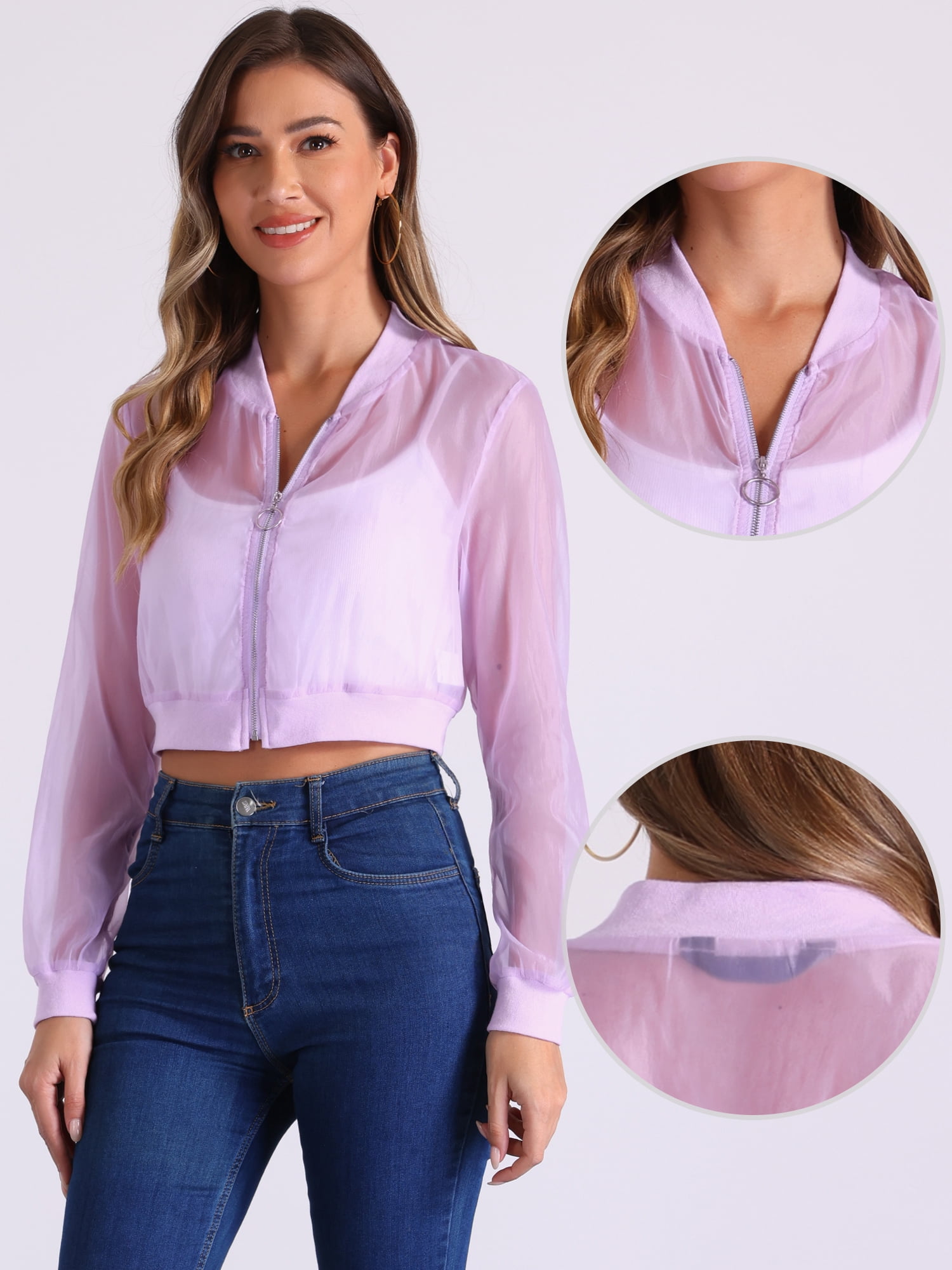 DARING DIVA Crop Bomber Casual Lightweight Zip Up Jackets XL Light Purple