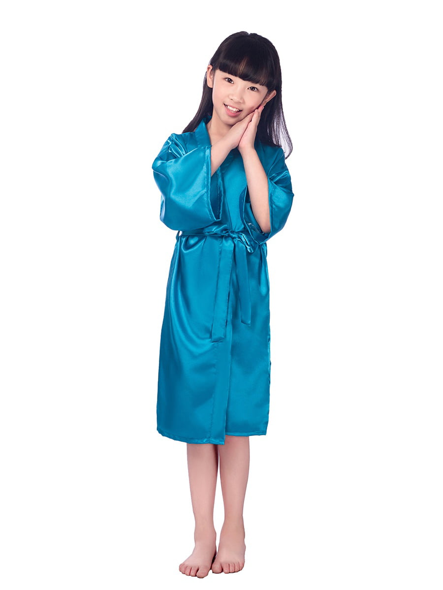 Admireme Girls' Peacock Satin Kimono Robe Bathrobe Nightgown for Spa Party Wedding Birthday