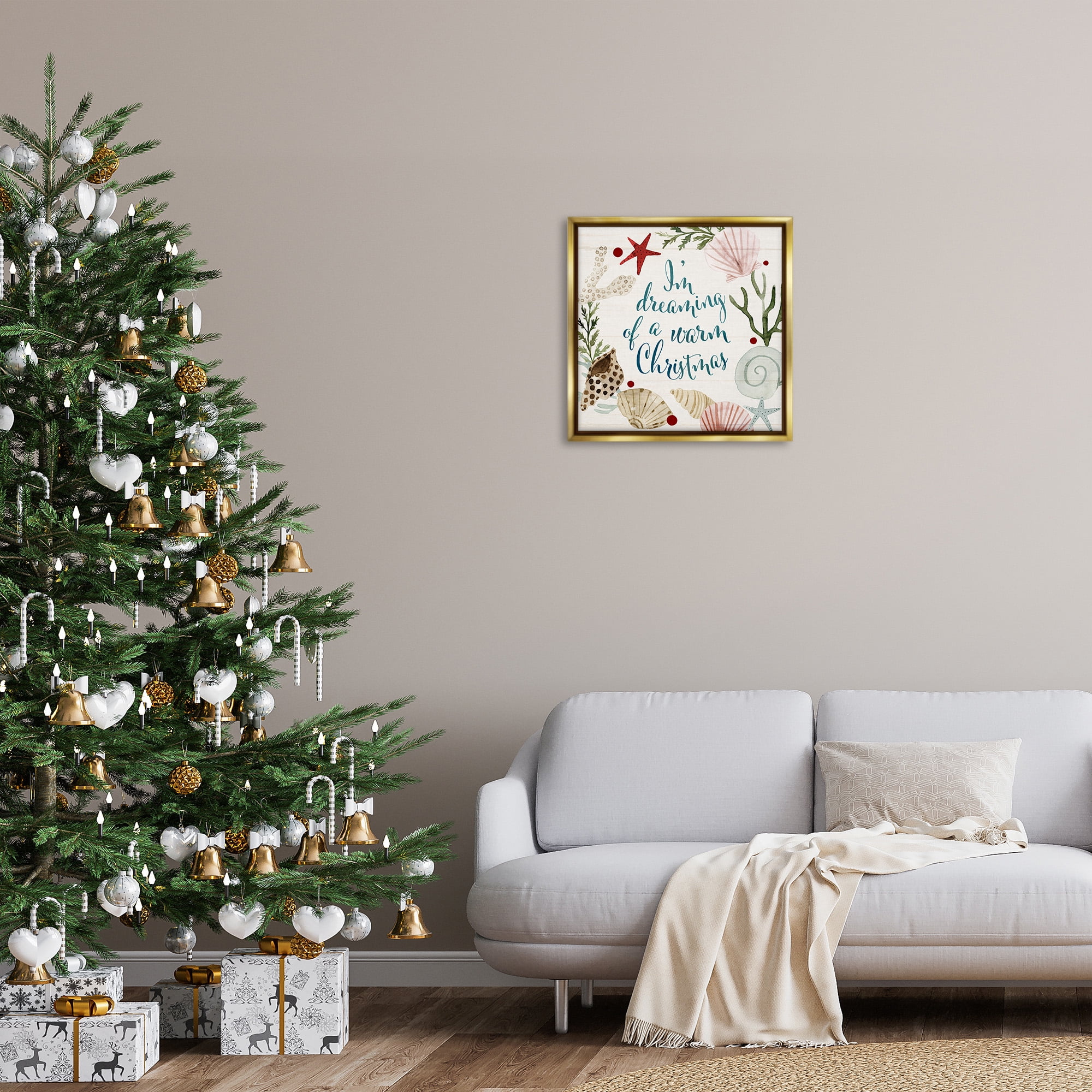 Stupell Industries Dreaming of Warm Christmas Phrase Holiday Painting Gold Floater Framed Canvas Art Print Wall Art, 25 x 25
