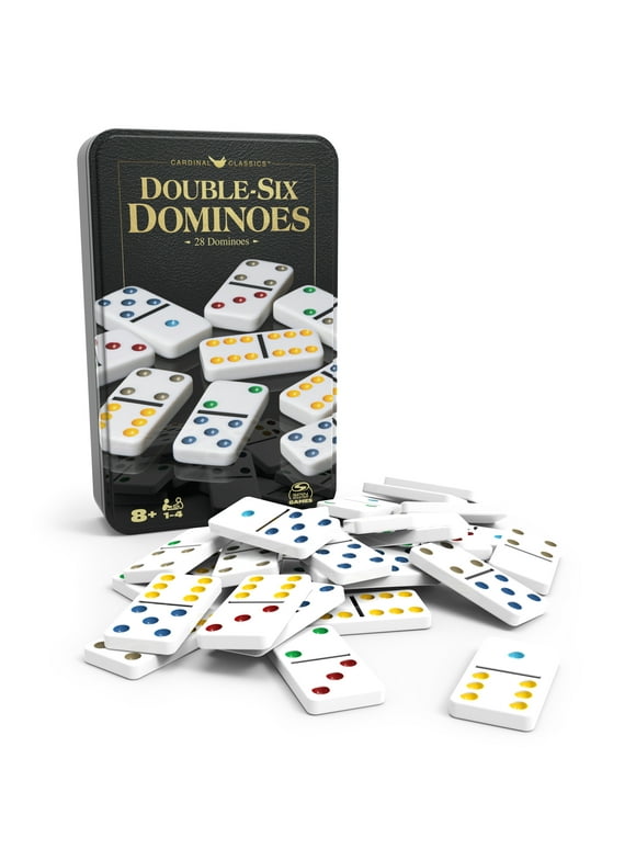 Double Six Dominoes Set in Storage Tin, for Families and Kids Ages 8 and up