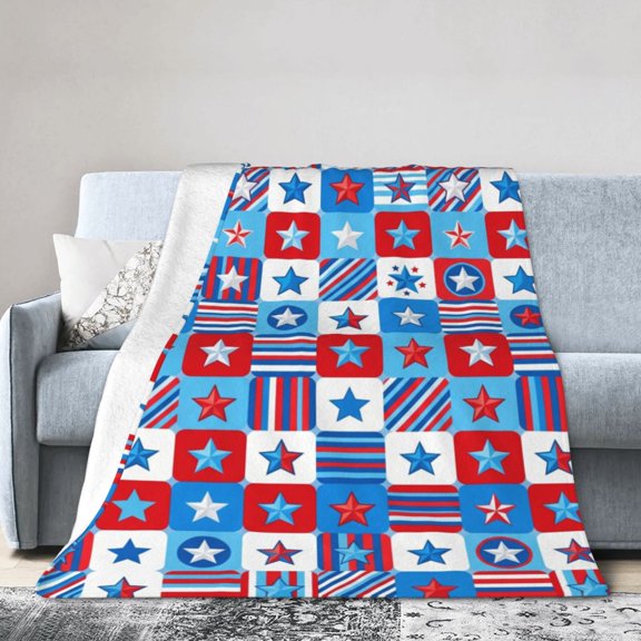 Patriotic Blankets America Stars & Buffalo Plaid Flannel Blanket Set, USA Flag Blanket 4th of July Memorial Day 50x40
