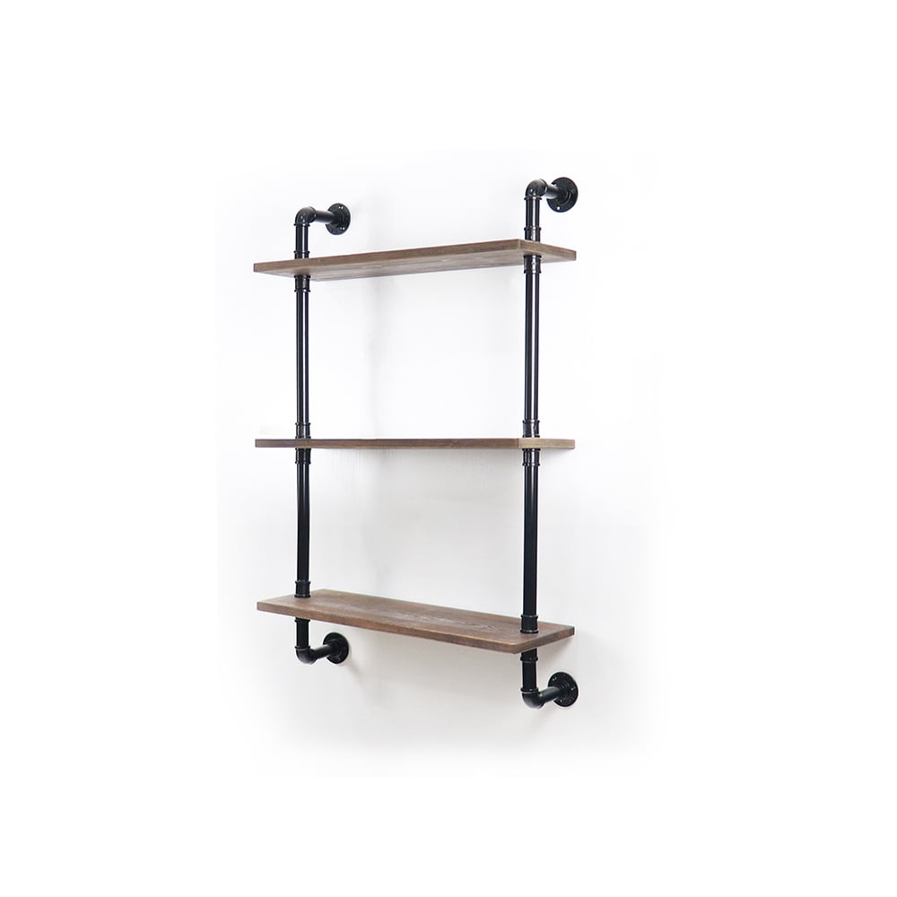 ATT Industrial Pipe Shelf Wall Shelf Rustic Wood with Black Iron Pipe 3