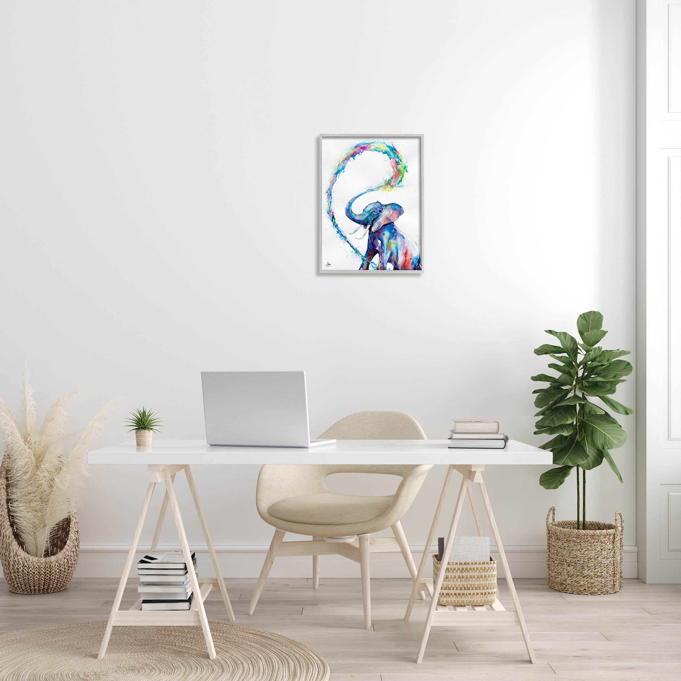 Modern Rainbow Elephant Splash Animals & Insects Graphic Art Gray Framed Art Print Wall Art