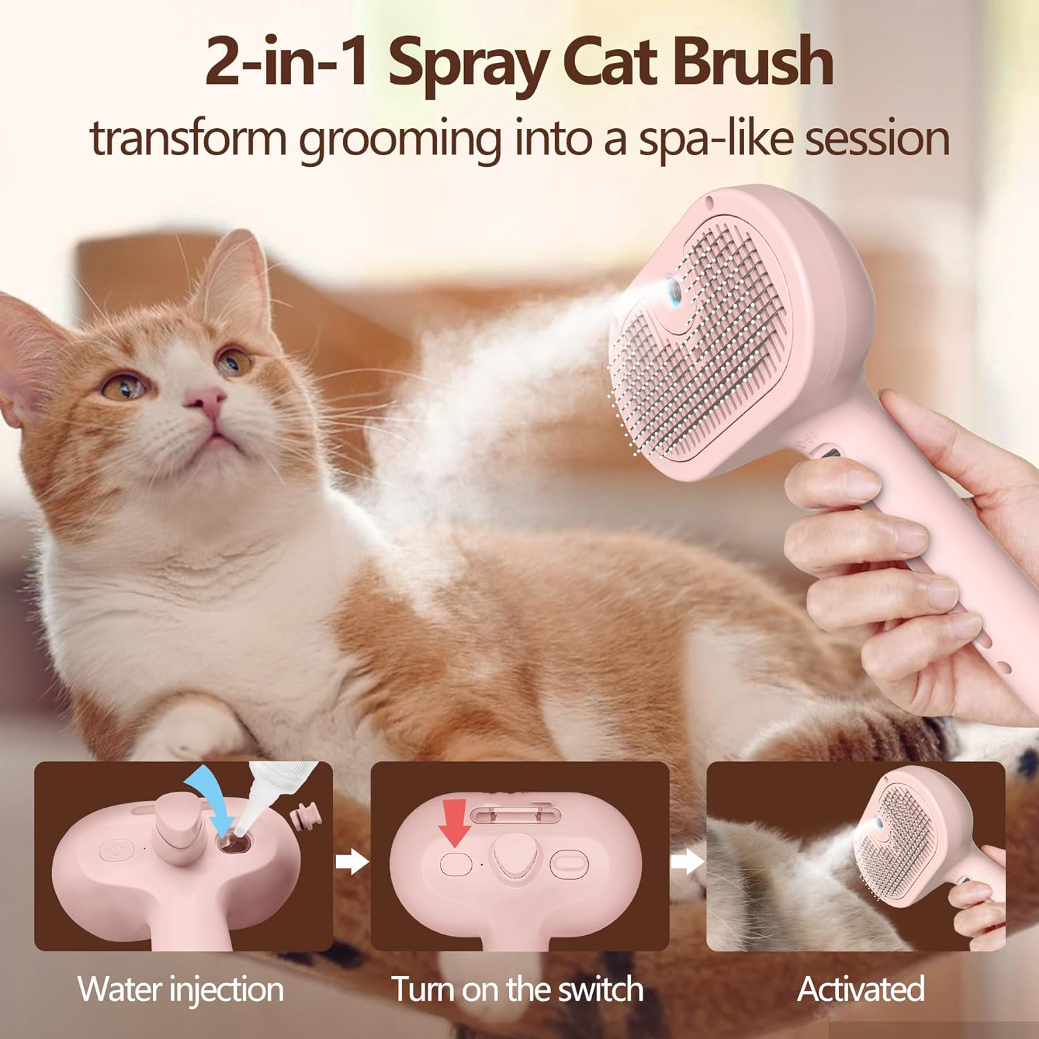 L&W BROS. Self Cleaning Cat Steam Brush, Pet Grooming Brush for Shedding and Detangling, for Dogs and Cats, Pink