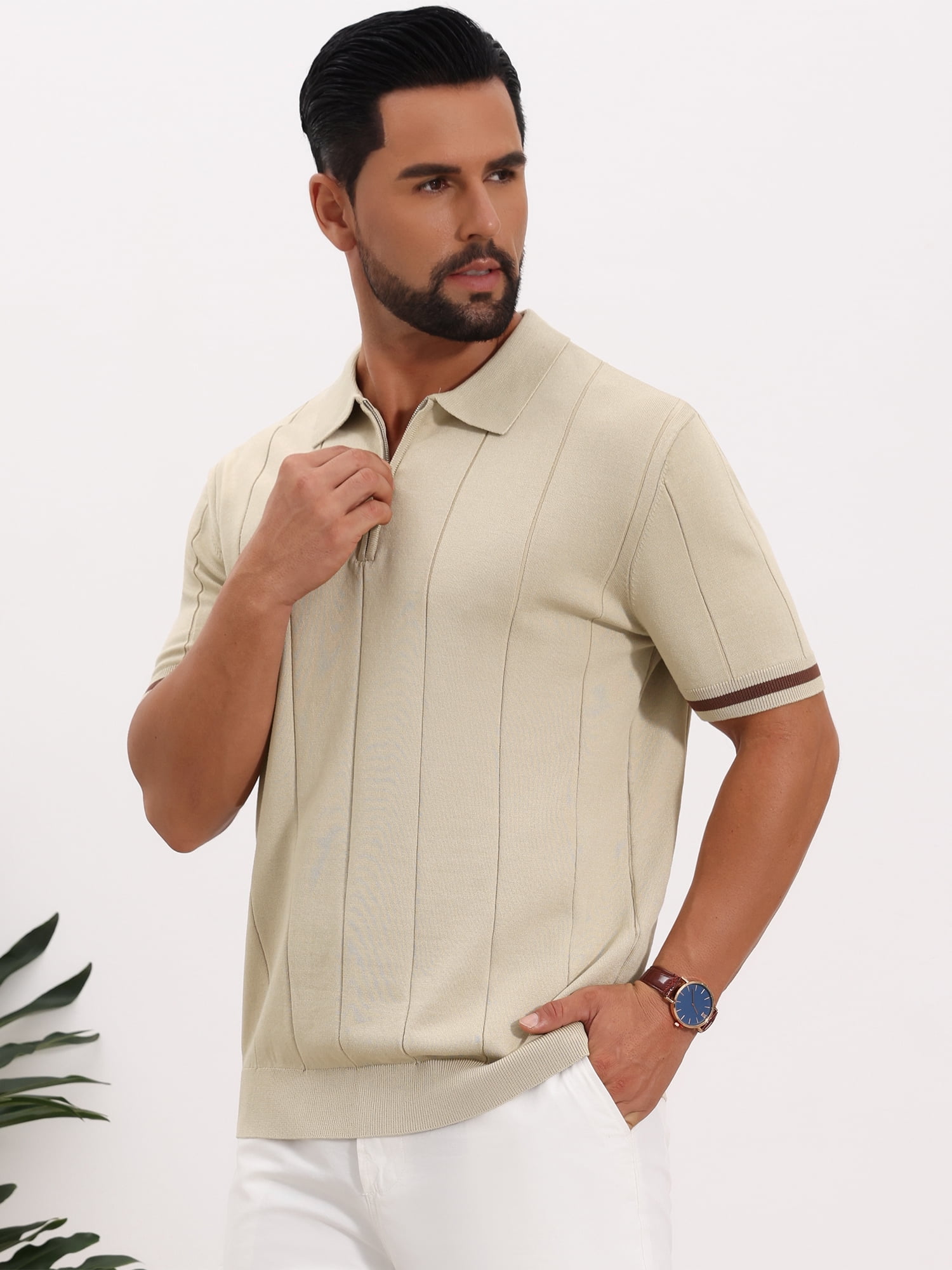 DARING DIVA Men's Textured Zip Up Ribbed Hem Short Sleeve Golf Polo Shirts L Beige