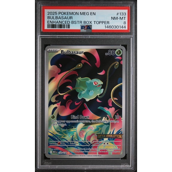 Graded 2025 Pokemon EN Mega Evolution Bulbasaur Enhanced Bstr Box Topper PSA 8 #133