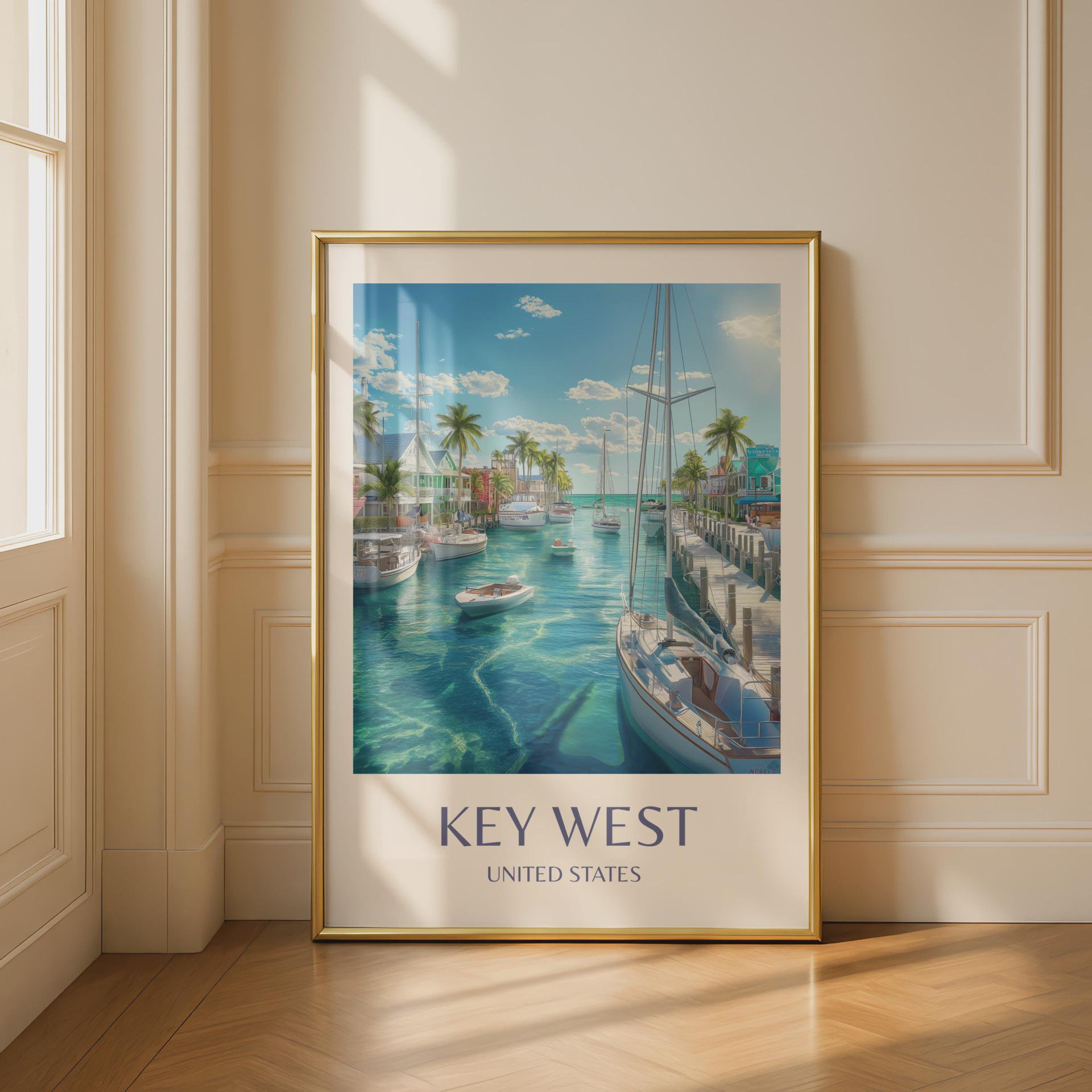 Key West Wall Art Print Boats Houses Ocean Home Decor Office Wall Art Living Room Decor, Paper Poster Only