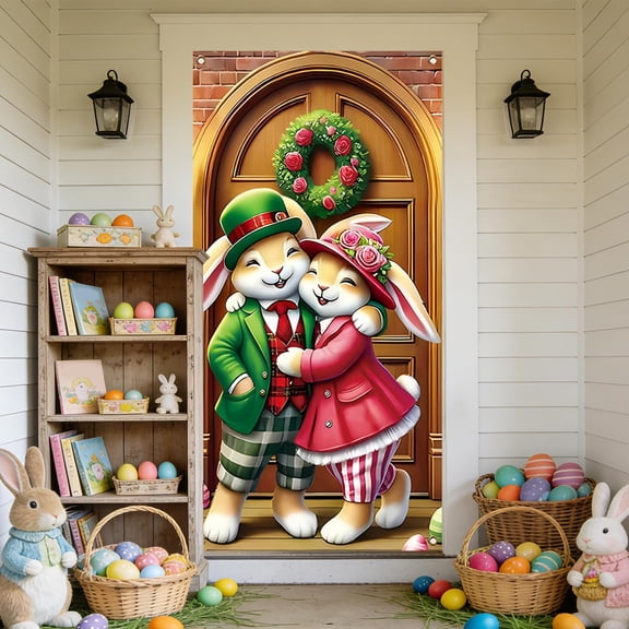 Vggrvlo Easter Bunny Door Cover Banner 3D Visual Effects Spring Party Decoration for Indoor Outdoor Spring Party Decorations and Photo Booth Props 71"x35"