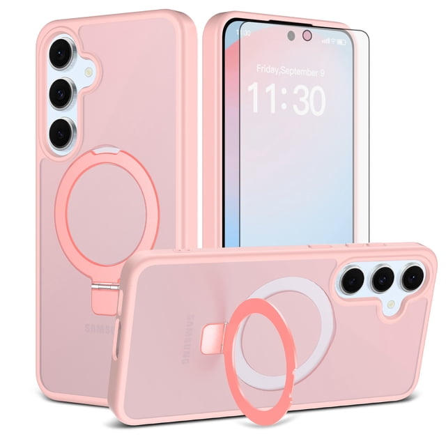 Asuwish Phone Case for Samsung Galaxy S24 FE 5G Tempered Glass Screen Protector Magnetic Folding Stand Frosted Translucent Rugged Shockproof Protective Cell Cover S 24 EF AI S24FE 24S Women Men Pink