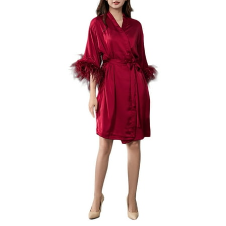 

Mrat Womens Pajamas Pajamas Feather Women s Bathrobes Long Nightgowns Ladies Lingeries Plus Size Pajamas Long Sleeve Nightgowns Wine M