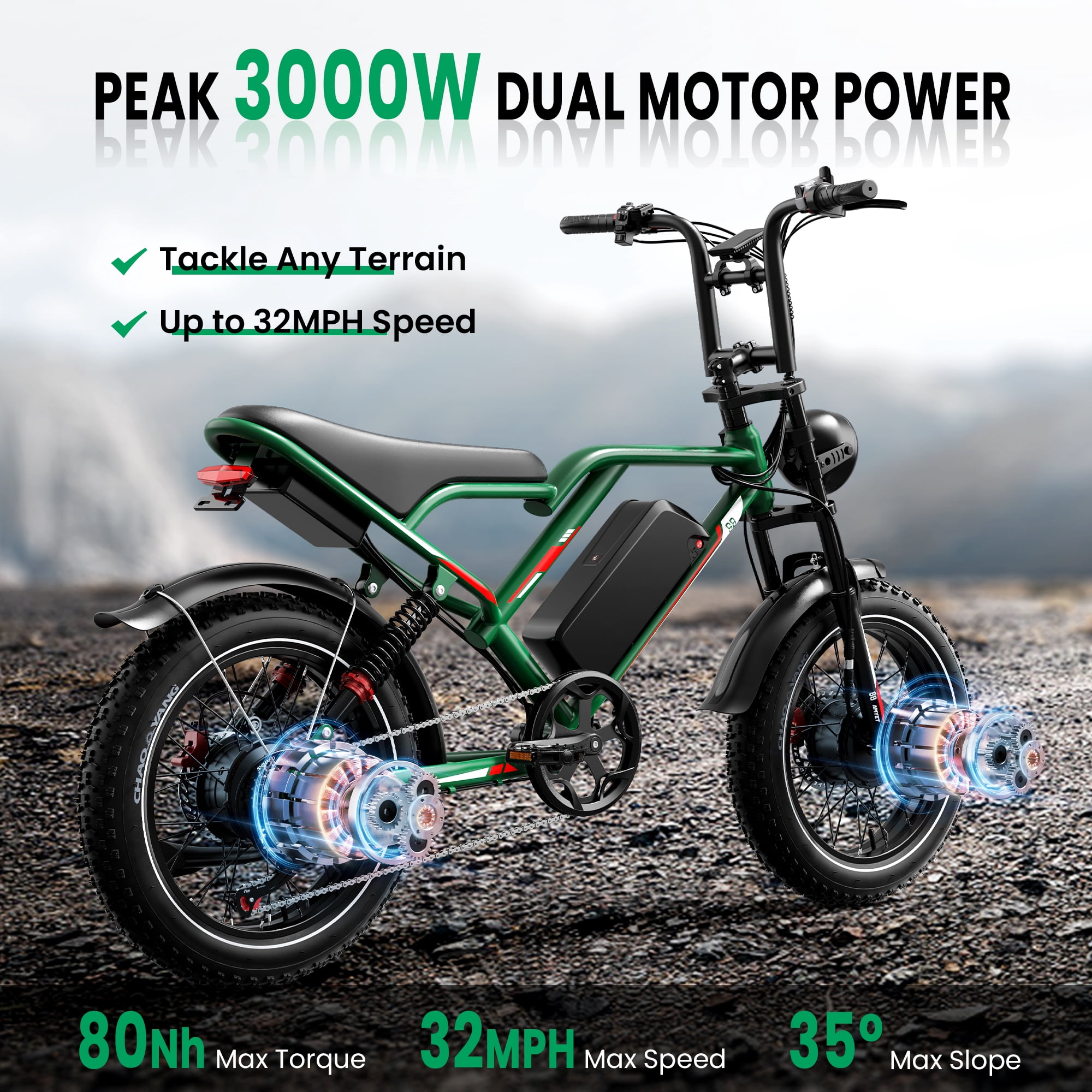 SUNTIBYE S8 Fat Tire Electric Bike 20", 3000W Dual Motor E-Mountain Bike for Adults, 32MPH 7-Speed Ebike,48V 25AH UL2849, Green