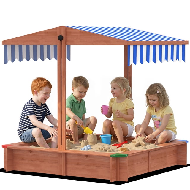 Outsunny Bac à Sable en Bois avec Couvercle, Auvent Ajustable, Brun Foncé