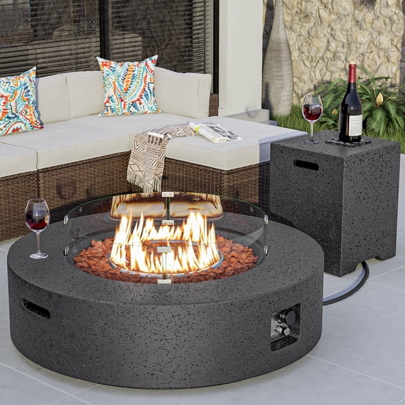 COSIEST 3-Piece Outdoor Terrazzo Round Propane Firepit Table Set w Tank Table, Wind Guard