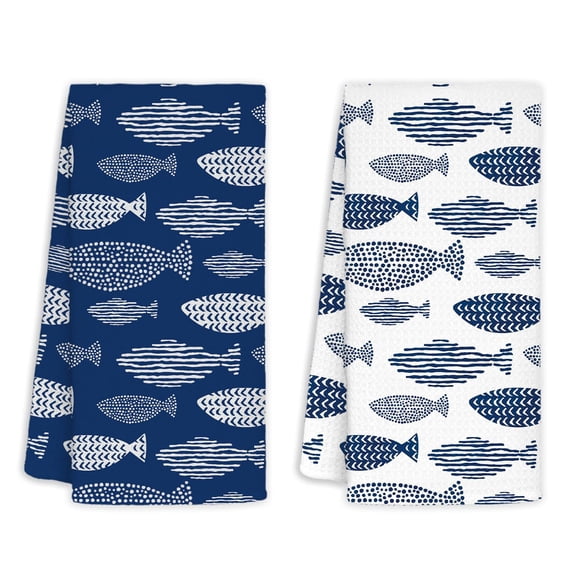 Juego de 2 paños de cocina Jvpke Coastal Beach, toallas de mano de playa de pesca azules para baño, paños de cocina y té con decoración de peces, decoración de baño y cocina costera, 16 x 24 pulgadas