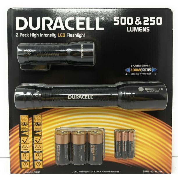 Duracell 2 Pack High Intensity Flashlight 500 & 250 Lumens Zoom Focus