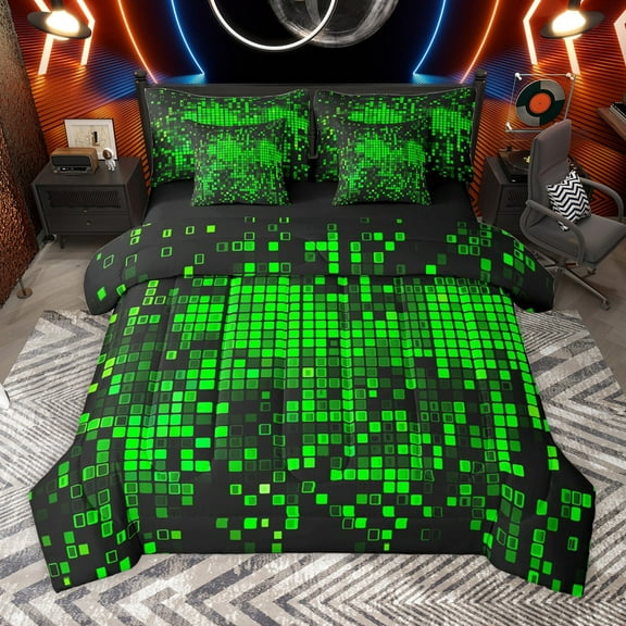 Manfei Geometric Plaid Grid 7-Piece Twin Bedding Sets for Boys Girls Kids,Green Neon Lights Bedding Comforter Set,Futuristic Cubes Breathable Sheet Sets,Microfiber Bedroom Decor,Reversible