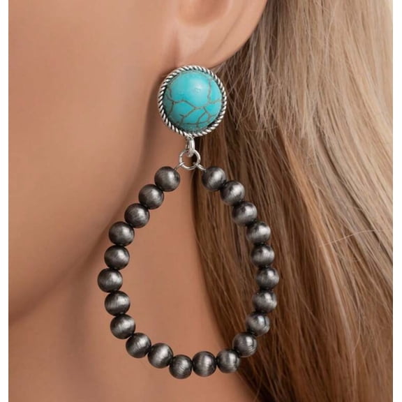 Western pierced 3 1/4" long gunmetal bead and turquoise stone earrings