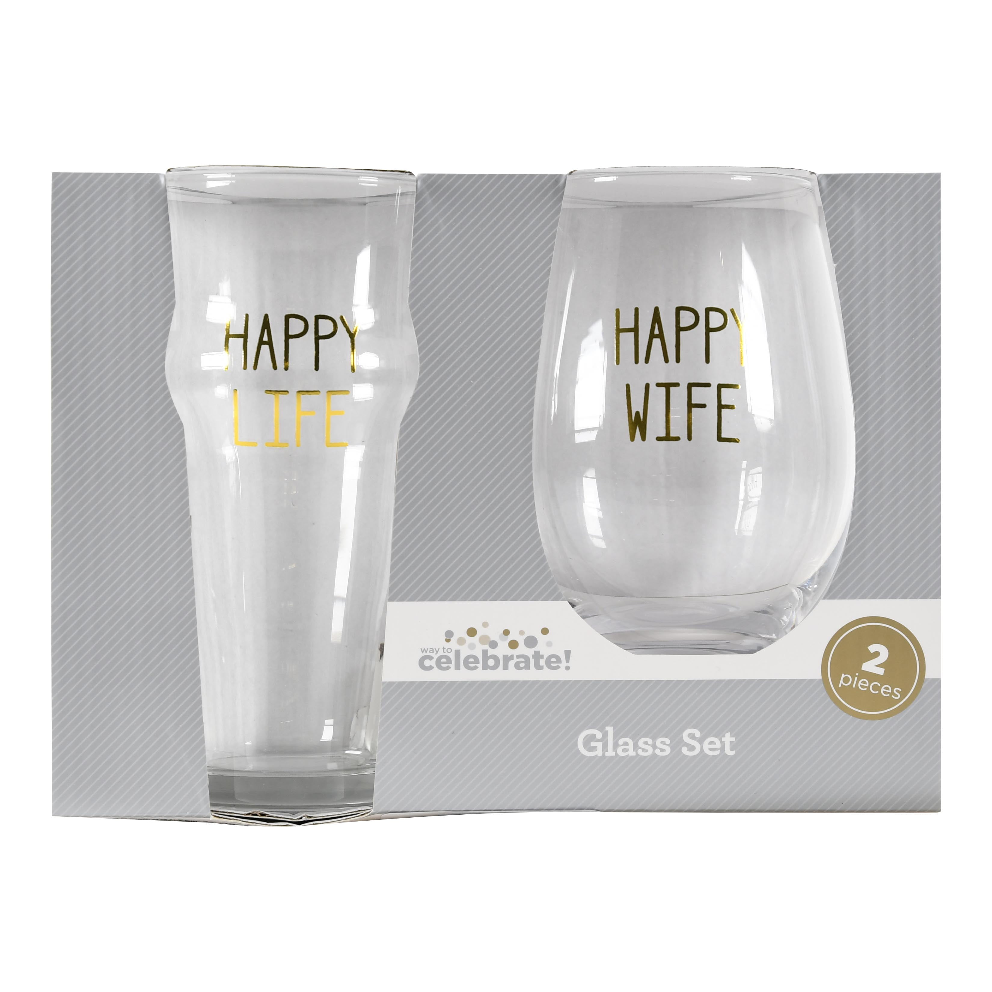 Way to Celebrate Wine & Beer Glass Set, Happy Wife Happy Life, 2 Piece Glassware