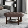thumbnail image 2 of Noble House Aldrich Faux Leather and Wood Tufted Round Ottoman with Open Shelf, Dark Brown and Espresso, 2 of 7
