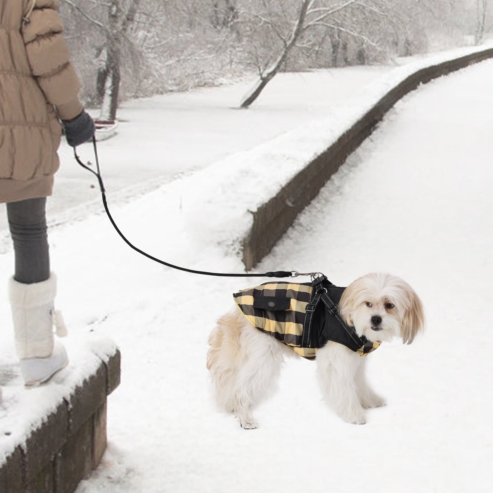 Classic Plaid Warm Dog Coat with Harness, Reflective Stripes Winter Coat for Cold Weather, Windproof Dog Winter Clothes Yellow S