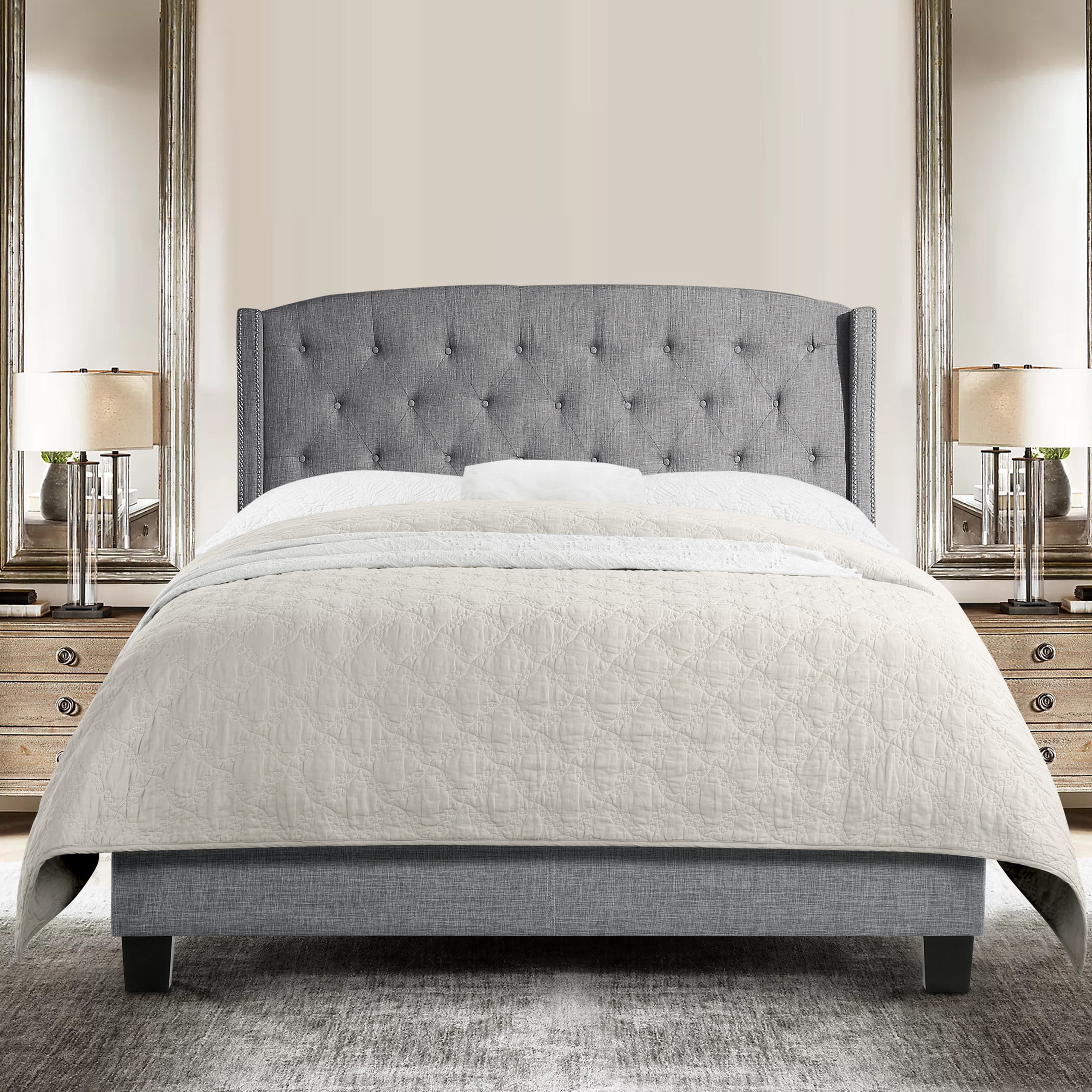 BSHTI Grey Tufted Wingback Full Size Bed, Upholstered Platform Bed Frame with Button Tufted Headboard, Box Spring Needed, Modern Bedroom Furniture