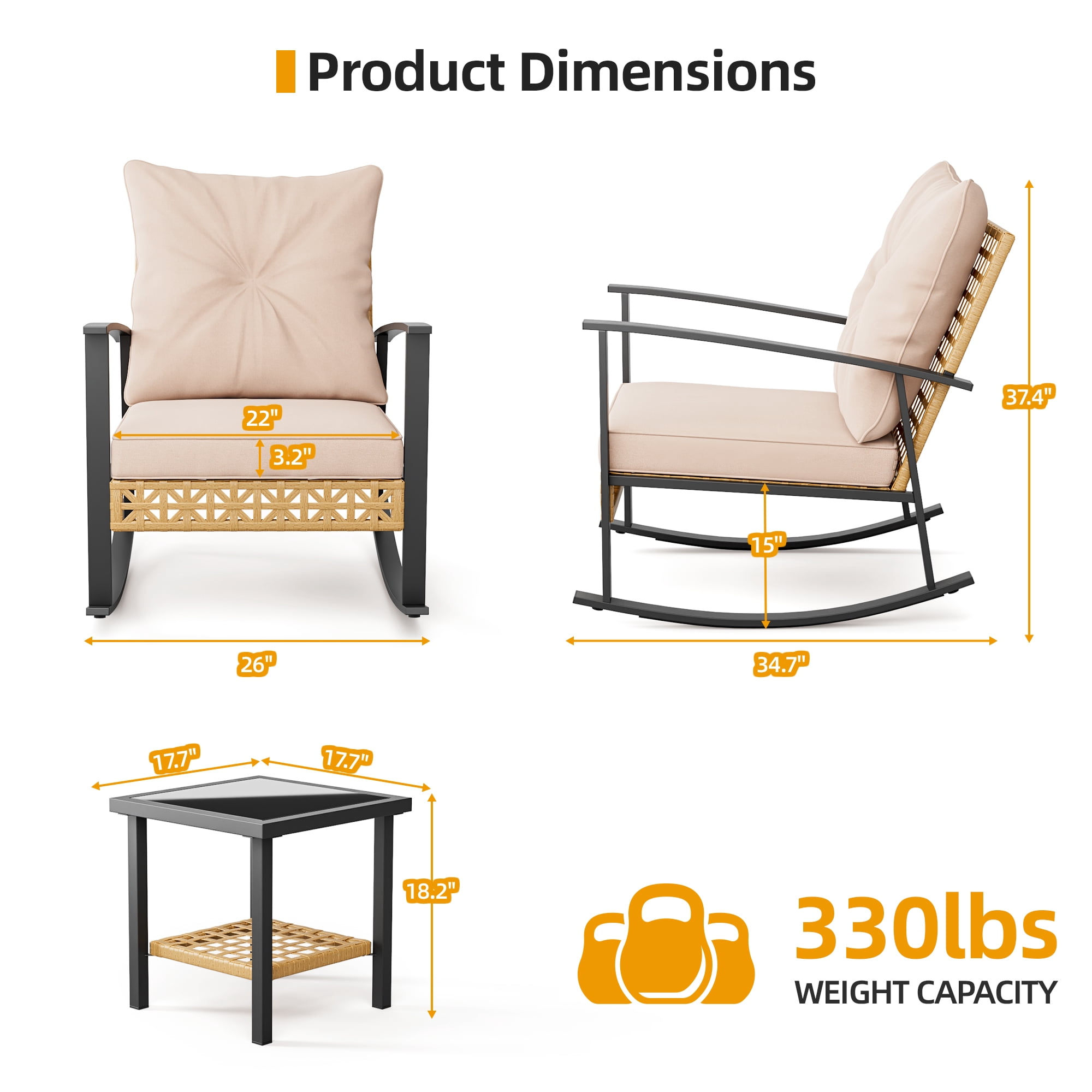 3 Piece Outdoor Rocking Chairs, Outdoor Patio Furniture Set with Thick Cushion and Coffee Table