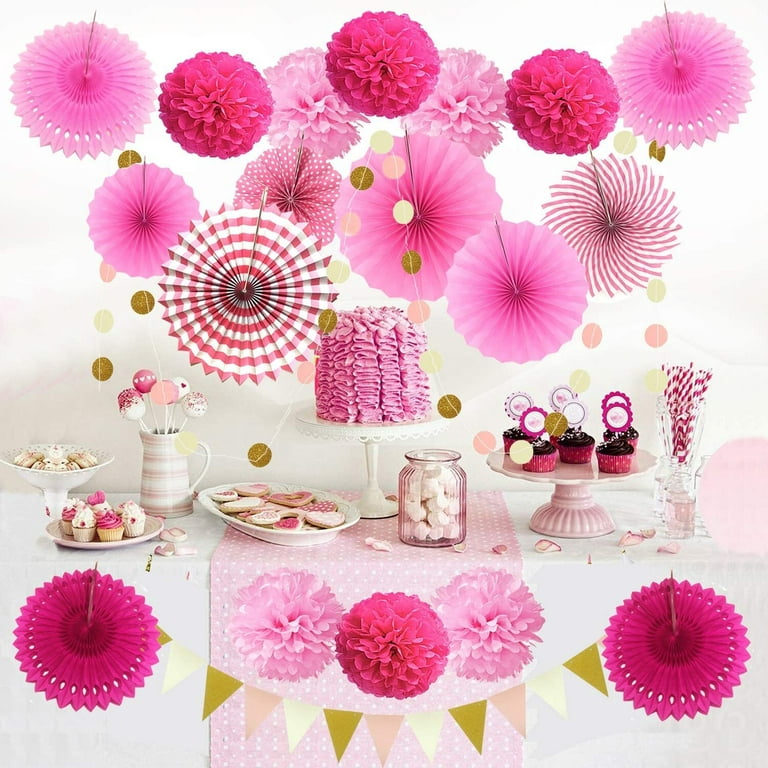 YANSION 20pcs Hanging Paper Fans Decorations, Pink Party Decorations with Paper  Fans Paper Pom Poms for Birthday Wedding Baby Shower Festival Carnival 