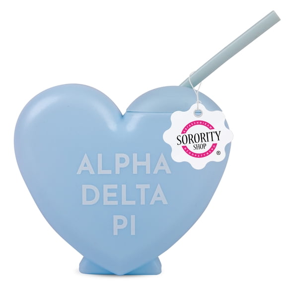Alpha Delta Pi Tumbler with Straw - Candy Heart Shaped 16 Oz Tumbler with Lid and Silicone Straw, Reusable Plastic Cup with Screen Printed Sorority Name for any Cold Drink