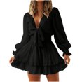 thumbnail image 2 of Babysbule Clearance Dresses For Women Ladies Autumn And Winter Stylish V-Neck Long Sleeve Ruffle Lace SolidMini Short Dress, 2 of 9