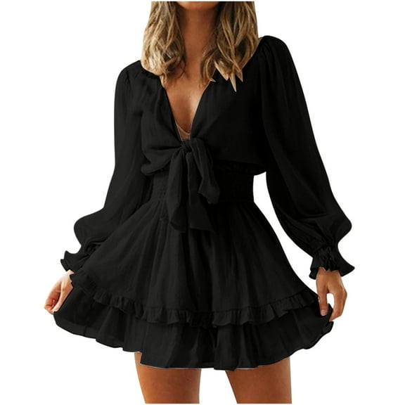 Elainilye Fashion Long Sleeve Dress for Women Spring Sexy V-Neck Puff Sleeve Ruffle Lace Solid Dresses,Black
