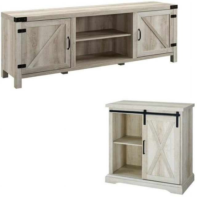 2 Piece Barn Door TV Stand Console and Buffet Side Table Set in Rustic White Oak