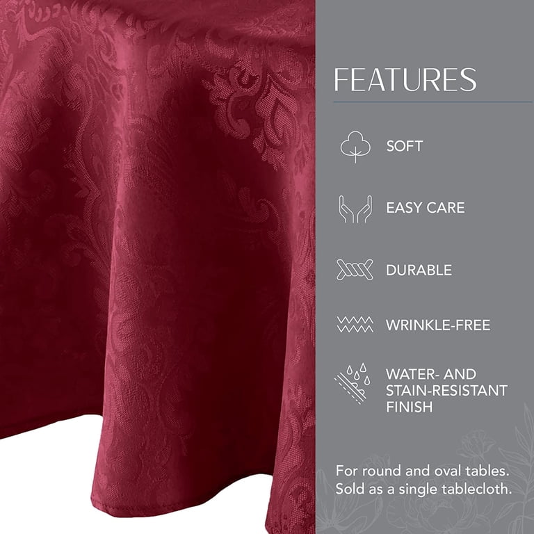 Elrene Home Fashions Caiden Damask Tablecloth - 70 Inch Round, Cranberry, Water Repellent Polyester