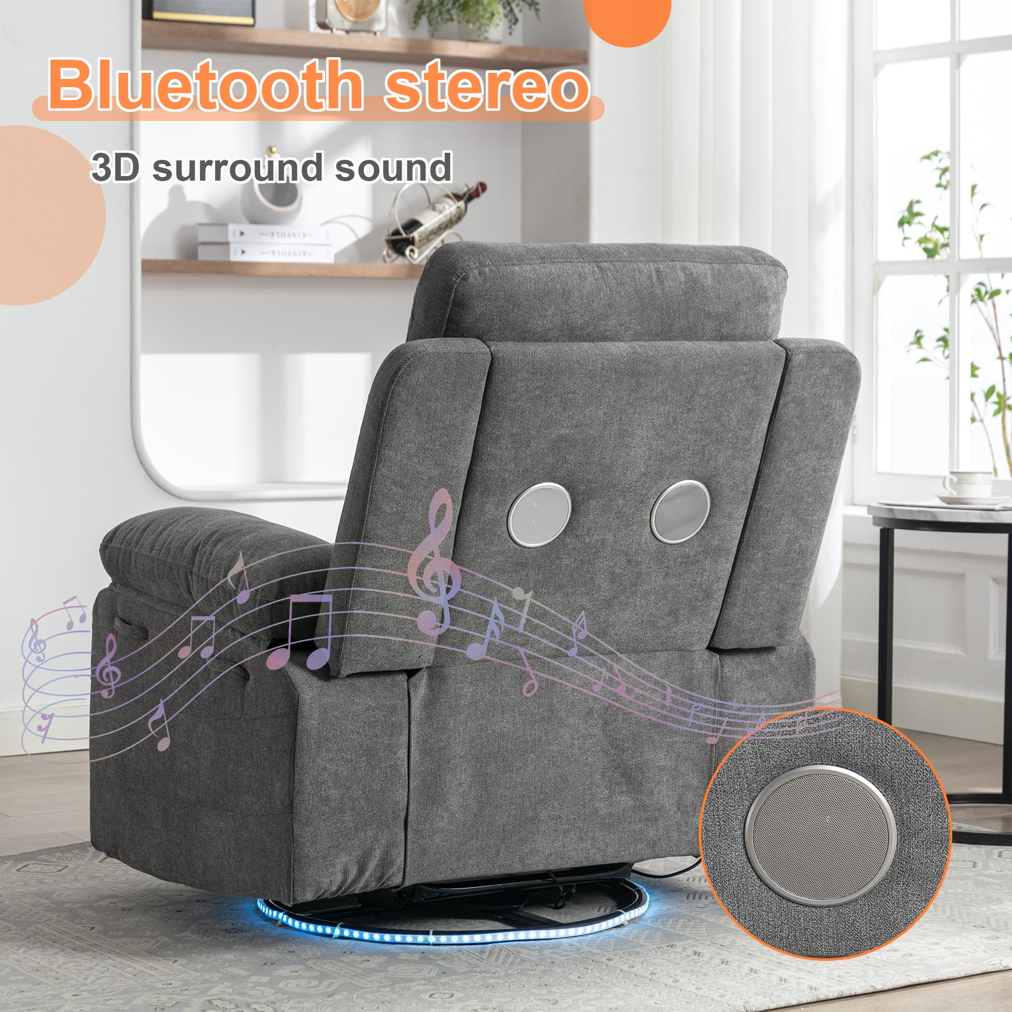 Power Recliner Chair with Bluetooth Speakers & 270° Swivel, Ergonomic Reclining Sofa w/ LED Lights, USB + Type-C Ports, Pockets for Back Pain Relief, Ideal for Elderly & Adults, Reading Bedroom, Grey