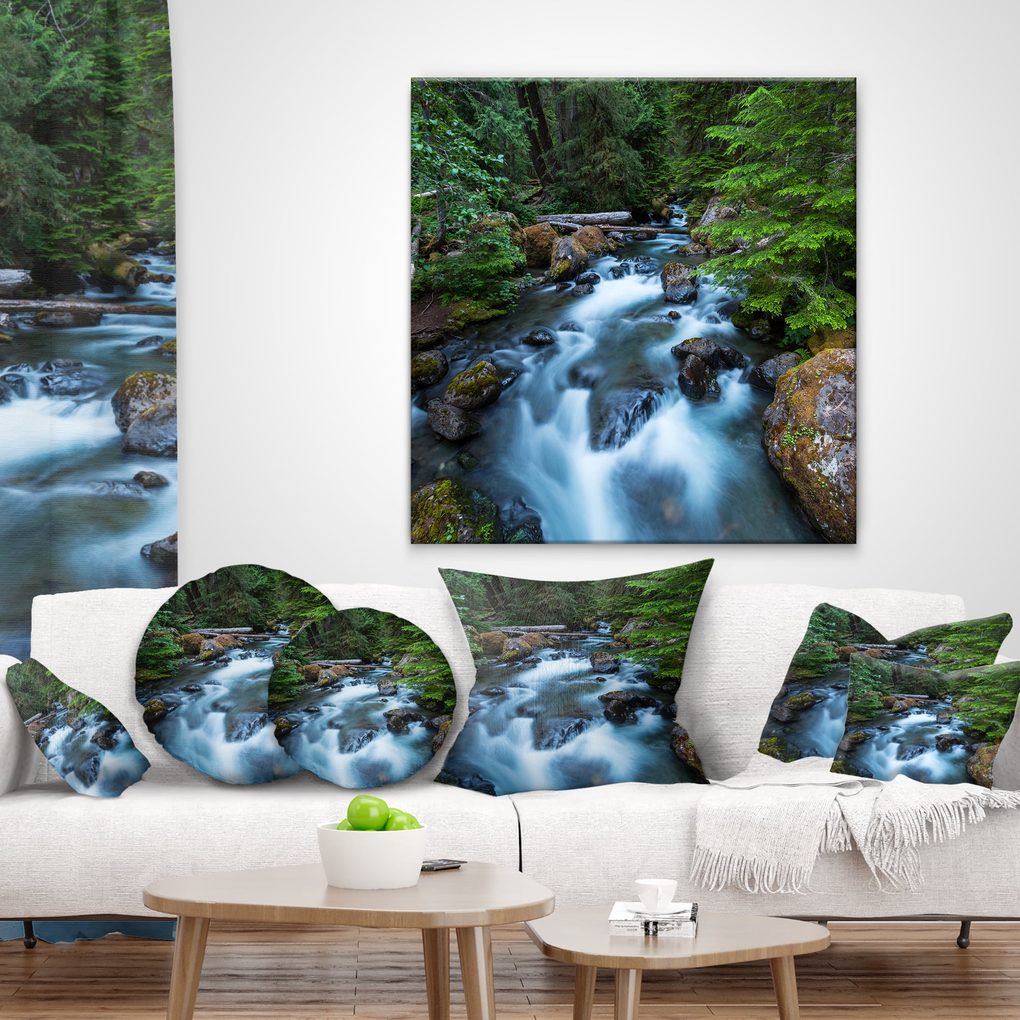 Designart Rushing Water in Forest Creek - Landscape Printed Throw Pillow - 18x18