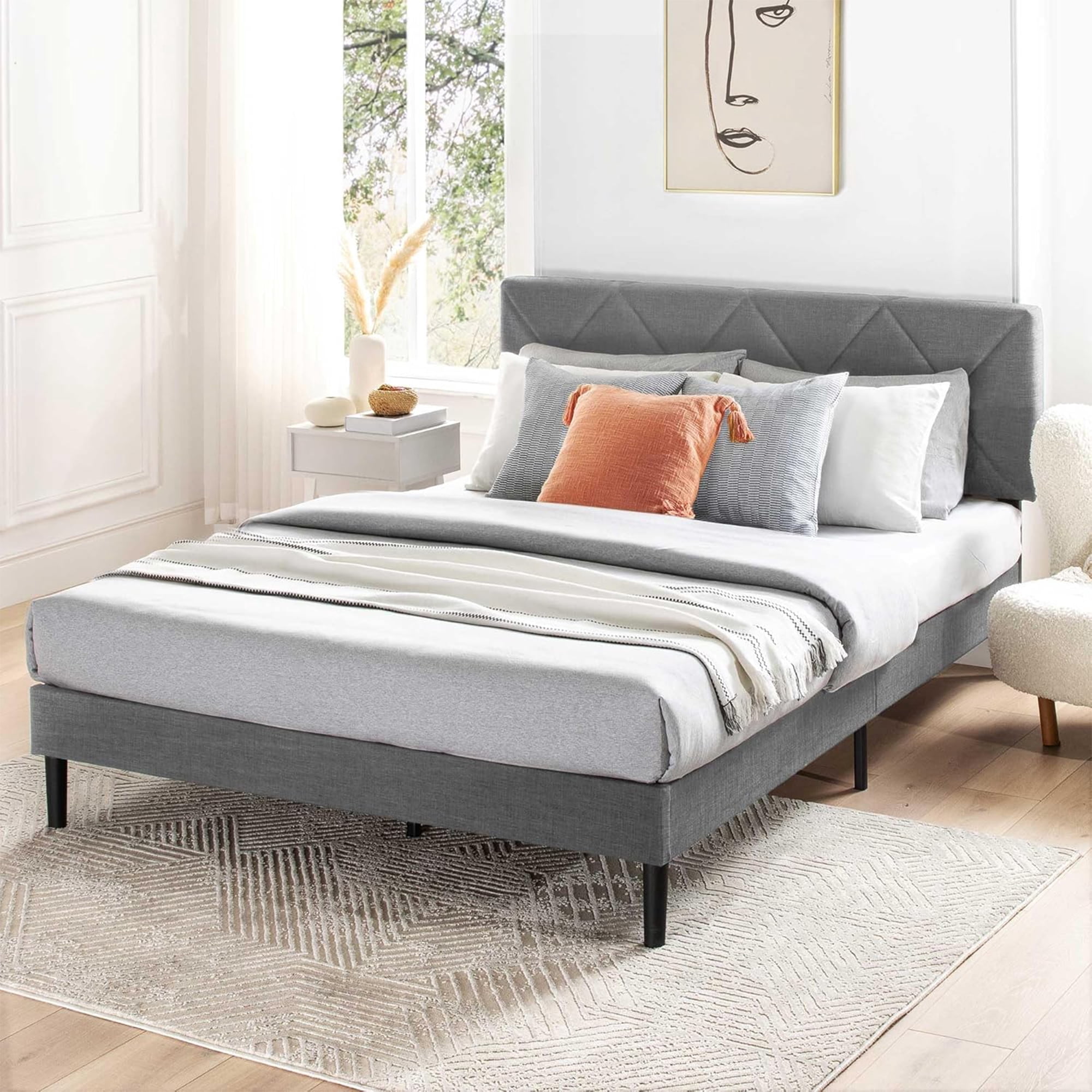 Mellow Olena Upholstered Platform Bed Frame with Diamond Channel Tufted Headboard, Queen