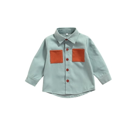 

Spring Autumn Little Boys Shirt Creative Color Splicing Double Pocket Lapel Long Sleeve Single-breasted Tops Casual Clothes